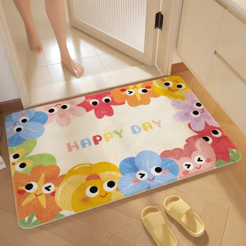 Pink cartoon print plush bathroom mat soft absorbent entrance rug
