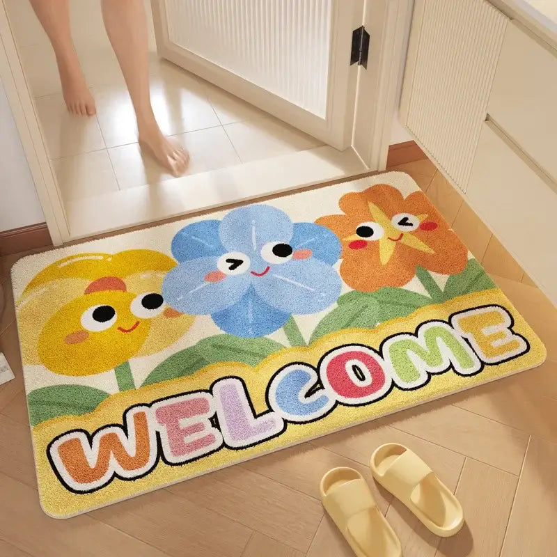 Pink cartoon print plush bathroom mat soft absorbent entrance rug