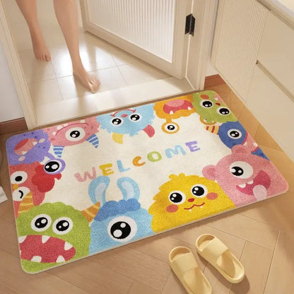 Pink cartoon print plush bathroom mat soft absorbent entrance rug