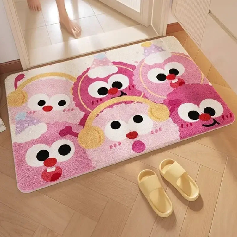 Pink cartoon print plush bathroom mat soft absorbent entrance rug