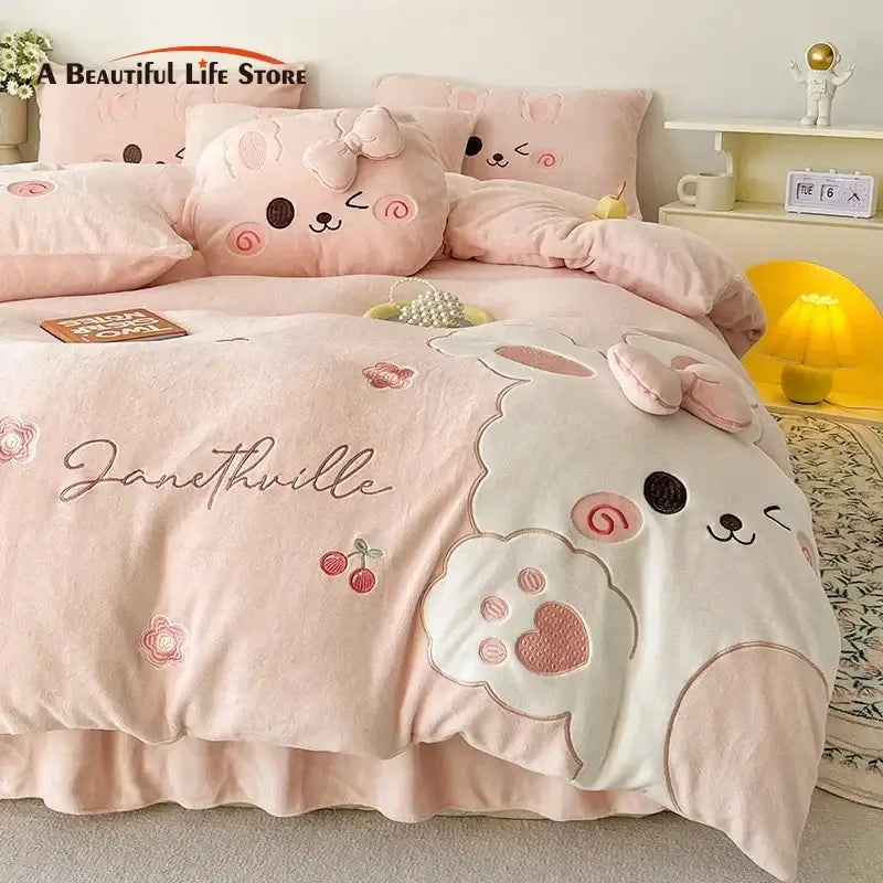 Pink cartoon rabbit applique bedding set for bedroom comfort