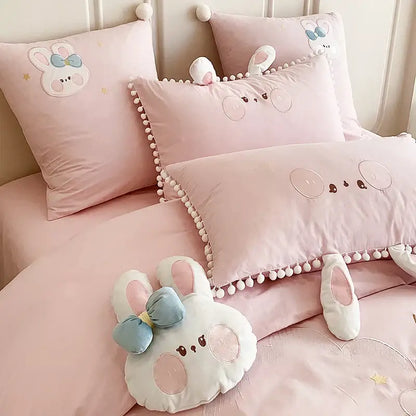 Pink cartoon rabbit moon cotton bedding set bedroom pom pom trim