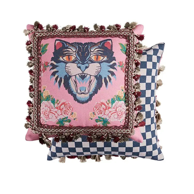 Pink cat print velvet throw pillow case with tassels living room