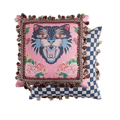 Pink cat print velvet throw pillow case with tassels living room
