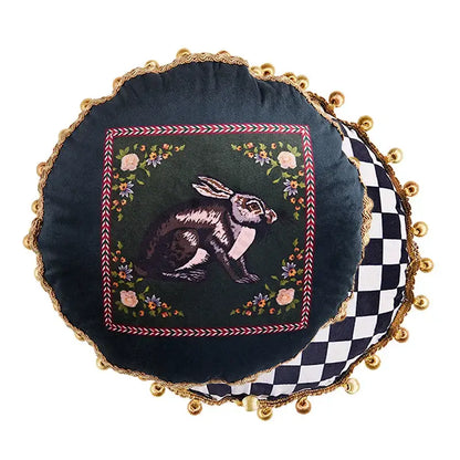 Pink cat print velvet throw pillow case with tassels living room