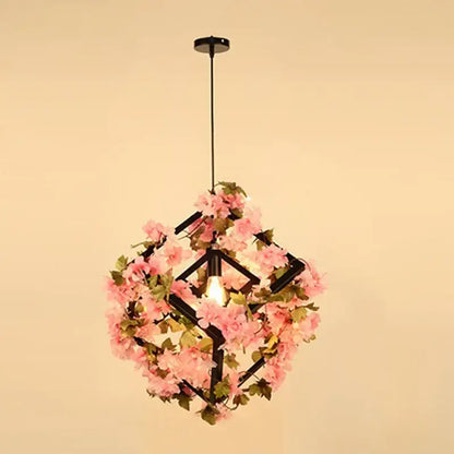Pink cherry blossoms green plants pendant light dining room
