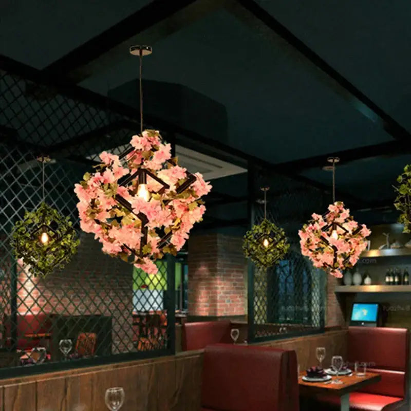 Pink cherry blossoms green plants pendant light dining room