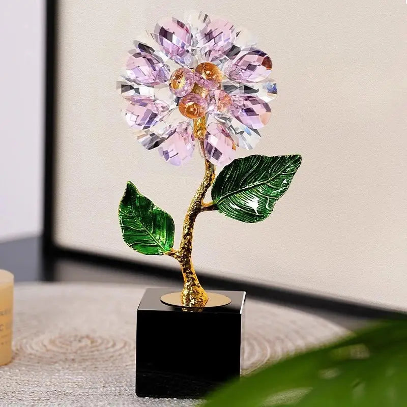 Pink & clear crystal sunflower metal sculpture living room decor