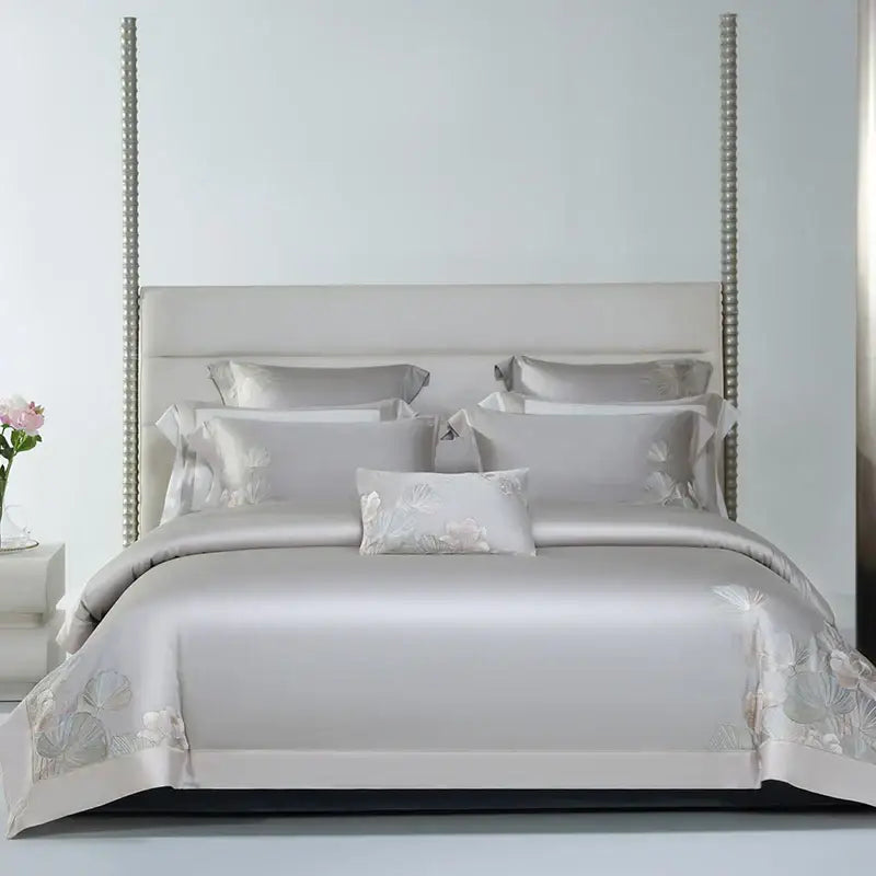 Pink cotton flowers embroidery bedding set bedroom satin finish