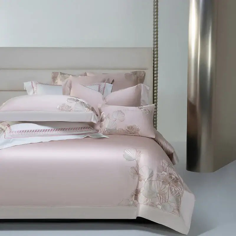 Pink cotton flowers embroidery bedding set bedroom satin finish
