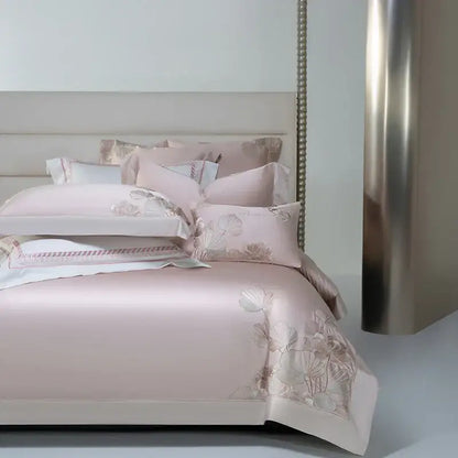 Pink cotton flowers embroidery bedding set bedroom satin finish