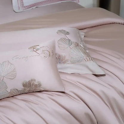 Pink cotton flowers embroidery bedding set bedroom satin finish