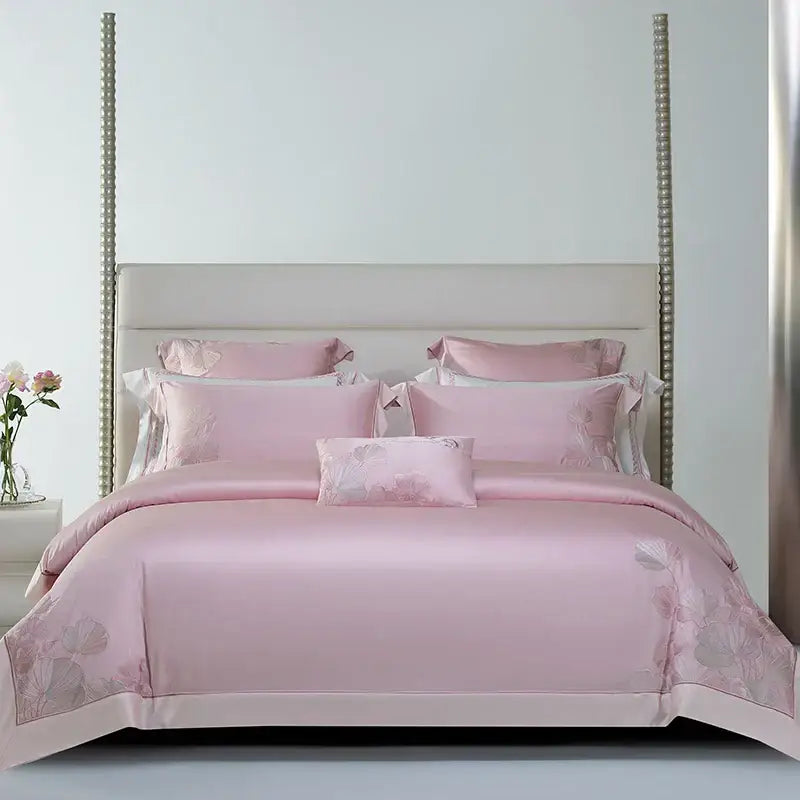 Pink cotton flowers embroidery bedding set bedroom satin finish