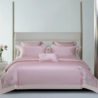 Pink cotton flowers embroidery bedding set bedroom satin finish