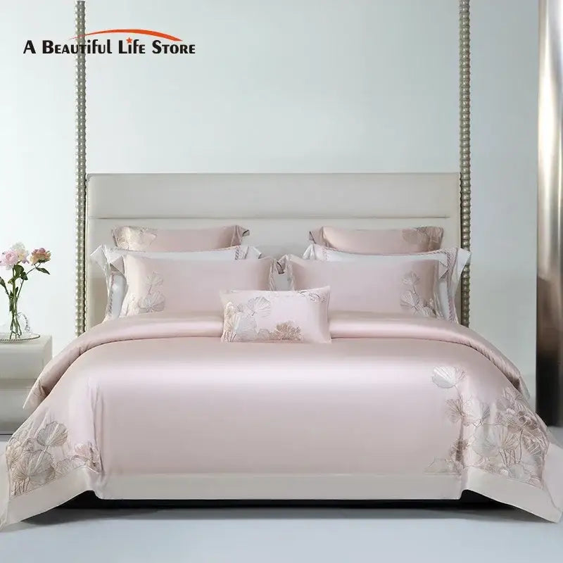 Pink cotton flowers embroidery bedding set bedroom satin finish