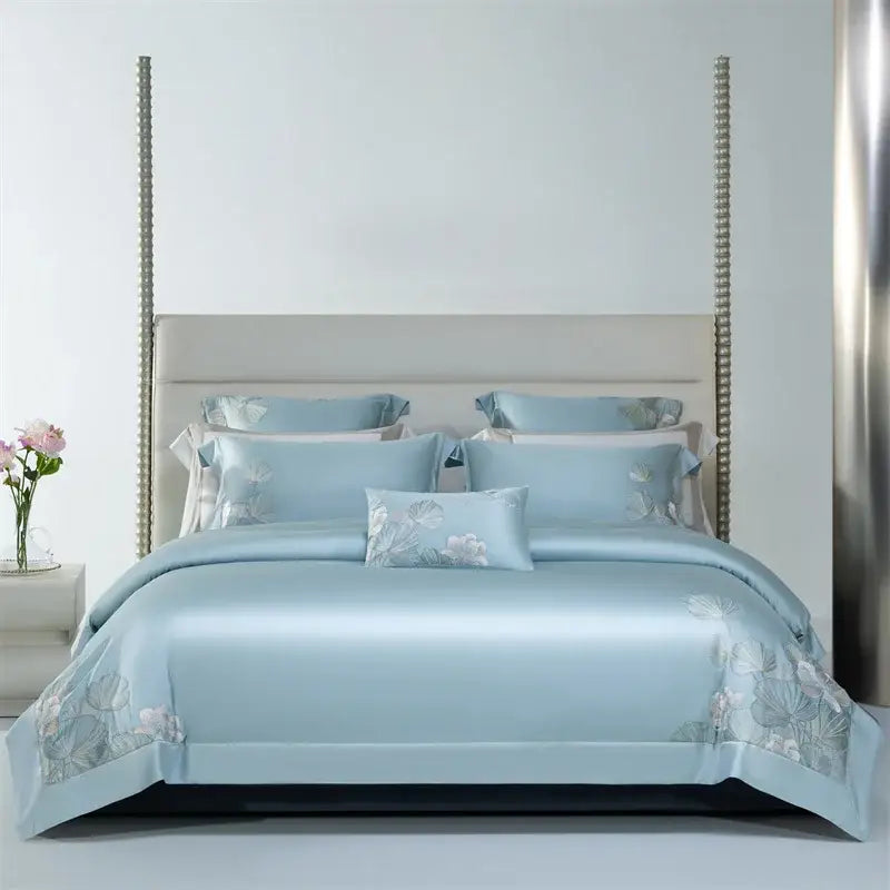 Pink cotton flowers embroidery bedding set bedroom satin finish