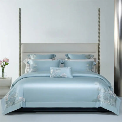 Pink cotton flowers embroidery bedding set bedroom satin finish