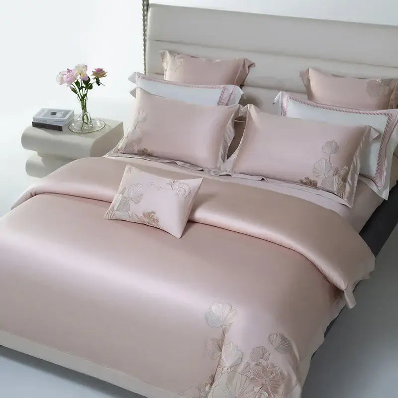 Pink cotton flowers embroidery bedding set bedroom satin finish