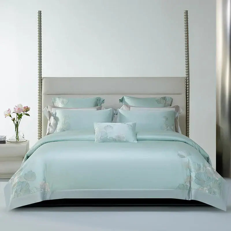 Pink cotton flowers embroidery bedding set bedroom satin finish