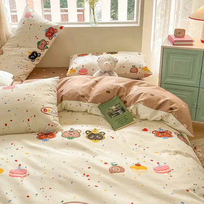 Pink & cream cotton cartoon printed bed set bedroom bear decor