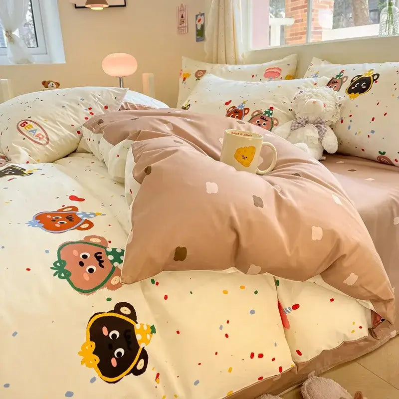 Pink & cream cotton cartoon printed bed set bedroom bear decor