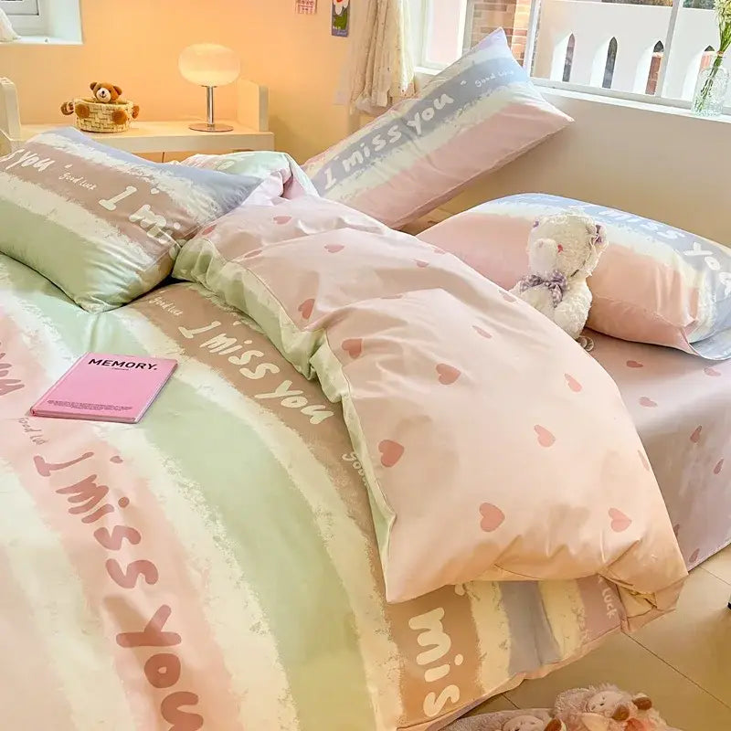 Pink & cream cotton cartoon printed bed set bedroom bear decor