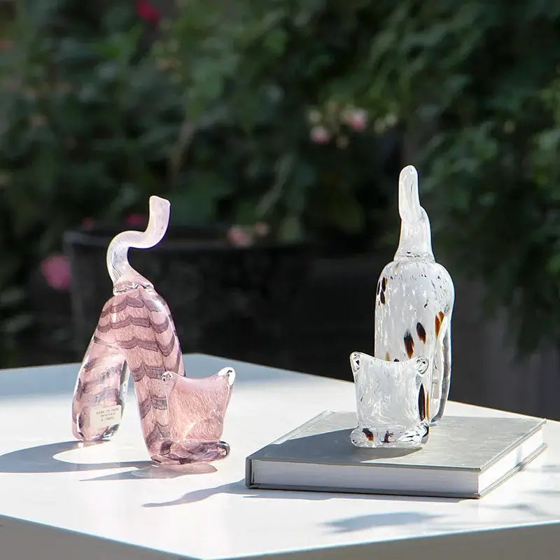 Pink crystal cat figurine living room wavy glass kitten statue