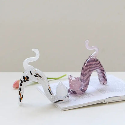 Pink crystal cat figurine living room wavy glass kitten statue