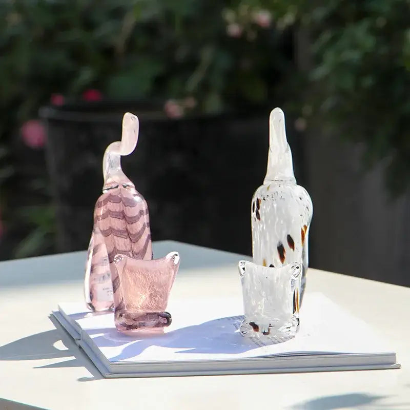 Pink crystal cat figurine living room wavy glass kitten statue