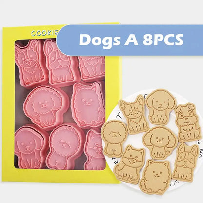 Pink dog and cat cookie cutters set kitchen 3d biscuit molds