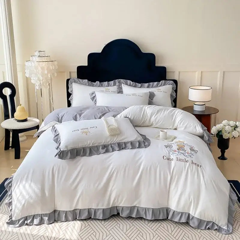 Pink embroidered bear cotton bed skirt set bedroom ruffled bedding