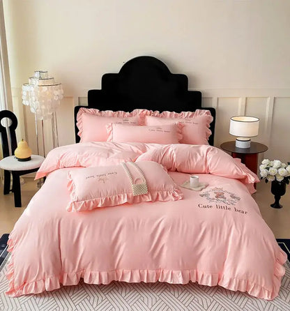 Pink embroidered bear cotton bed skirt set bedroom ruffled bedding