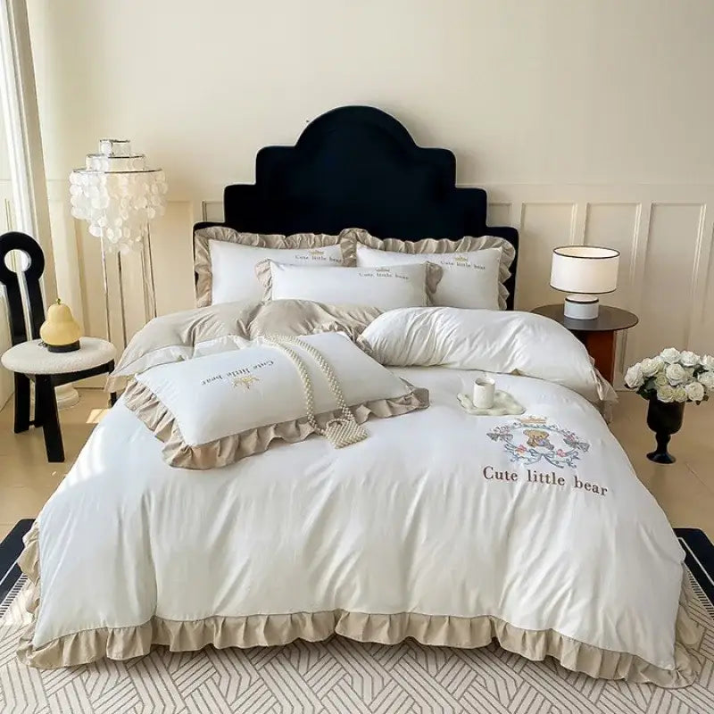 Pink embroidered bear cotton bed skirt set bedroom ruffled bedding