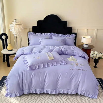 Pink embroidered bear cotton bed skirt set bedroom ruffled bedding