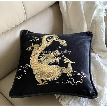 Pink embroidered dragon velvet pillow cover living room decor