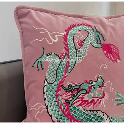 Pink embroidered dragon velvet pillow cover living room decor