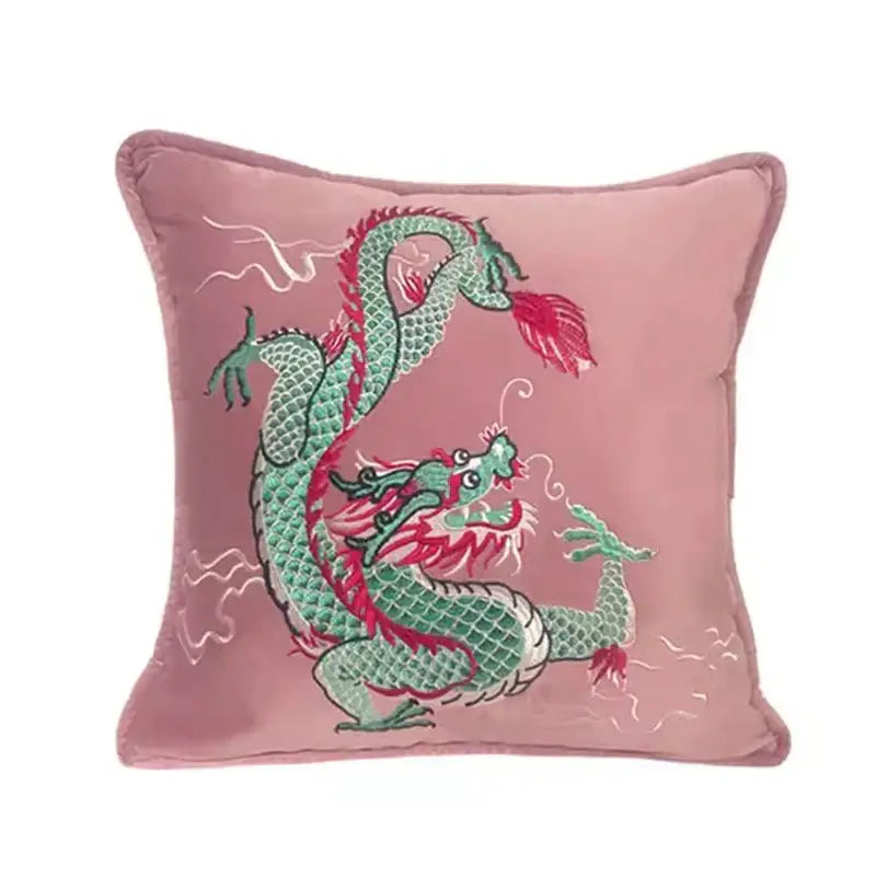 Pink embroidered dragon velvet pillow cover living room decor