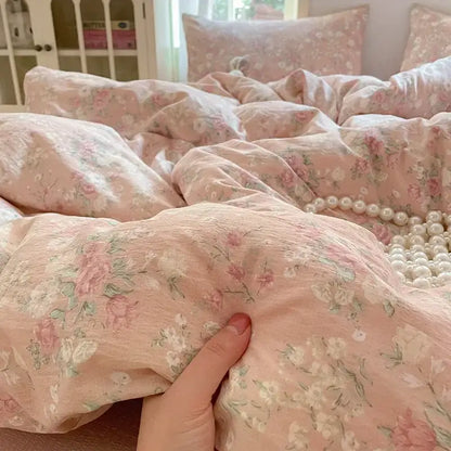 Pink floral double layer yarn bedspread set bedroom bedding