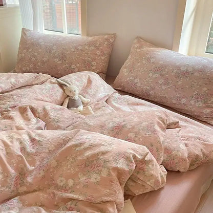 Pink floral double layer yarn bedspread set bedroom bedding