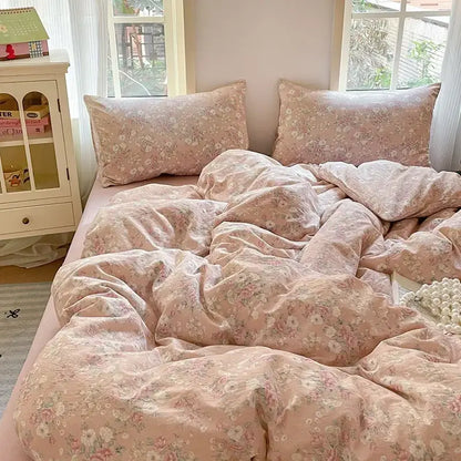 Pink floral double layer yarn bedspread set bedroom bedding