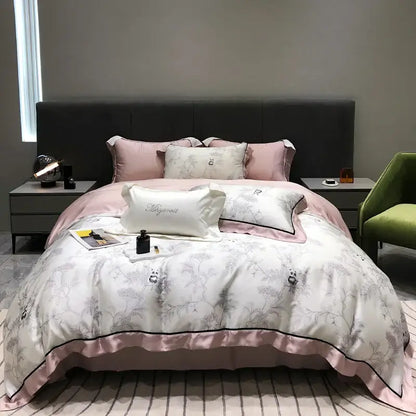 Pink floral eucalyptus lyocell flowers duvet set bedroom bedding