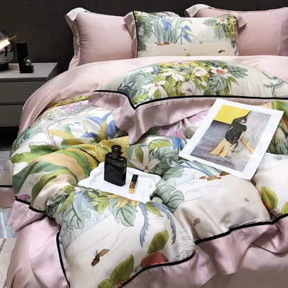 Pink floral eucalyptus lyocell flowers duvet set bedroom bedding