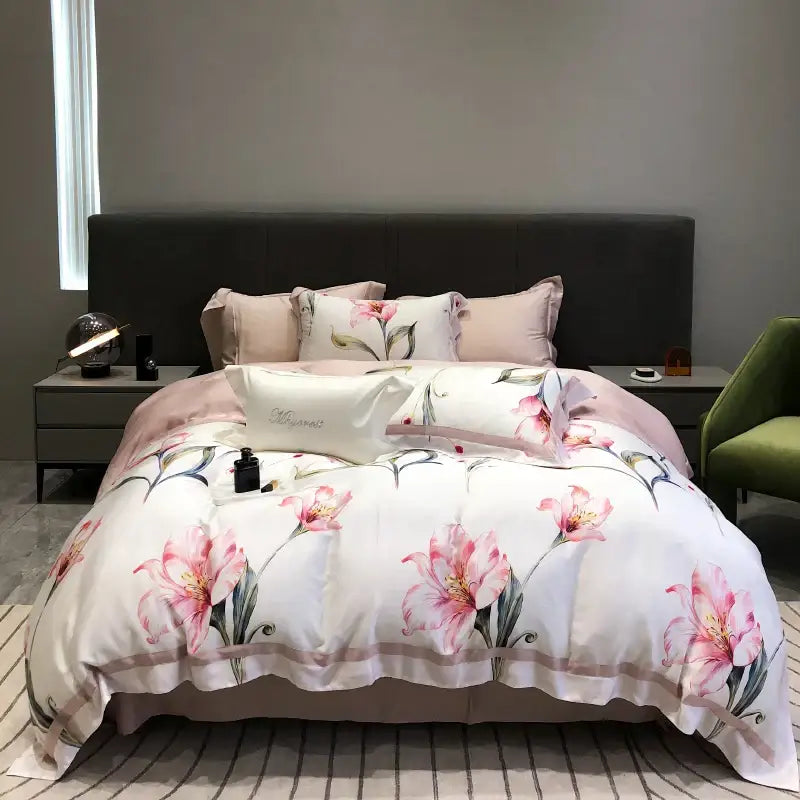 Pink floral eucalyptus lyocell flowers duvet set bedroom bedding