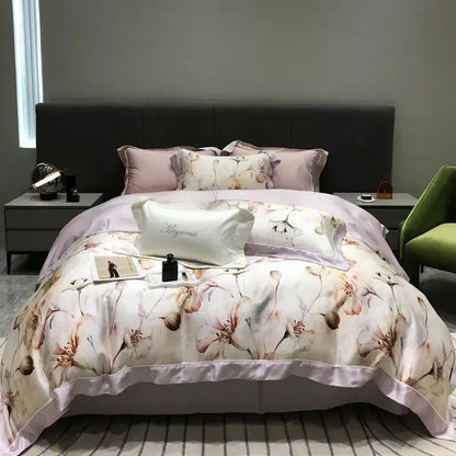 Pink floral eucalyptus lyocell flowers duvet set bedroom bedding