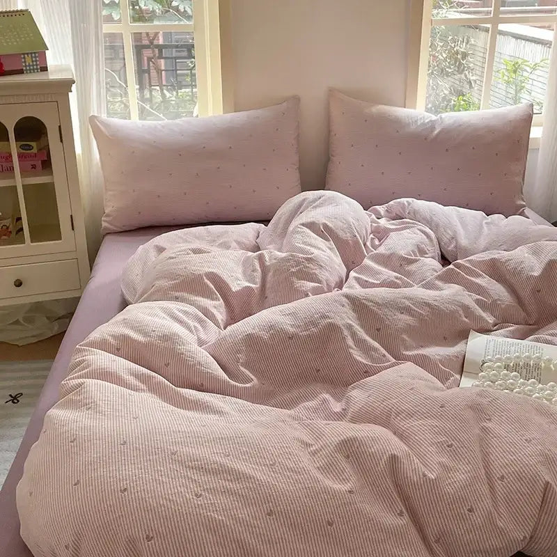 Pink floral jacquard fitted sheet set bedroom soft textured yarn