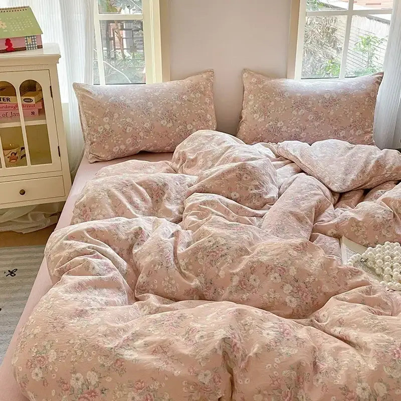 Pink floral jacquard fitted sheet set bedroom soft textured yarn