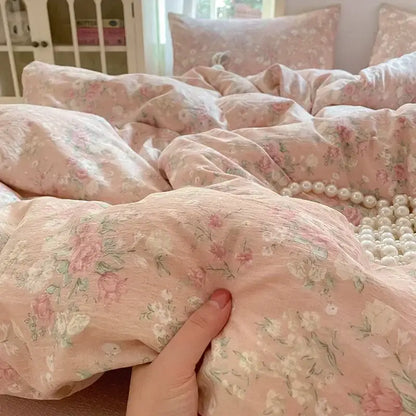 Pink floral jacquard fitted sheet set bedroom soft textured yarn
