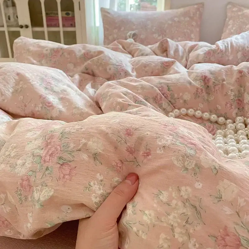 Pink floral jacquard fitted sheet set bedroom soft textured yarn