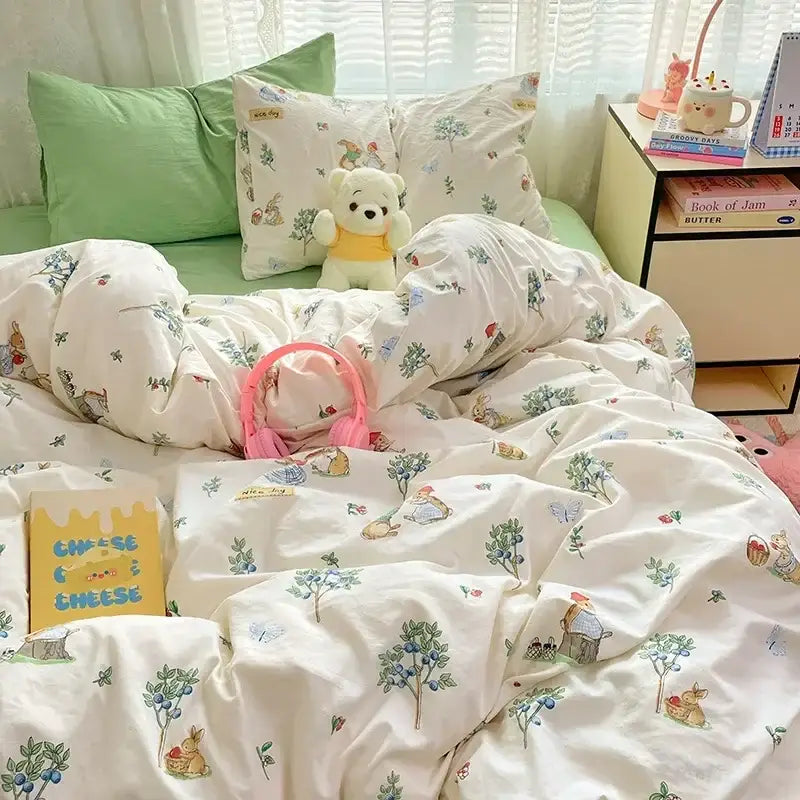 Pink floral lace cotton comforter set bedroom cozy cartoon printed