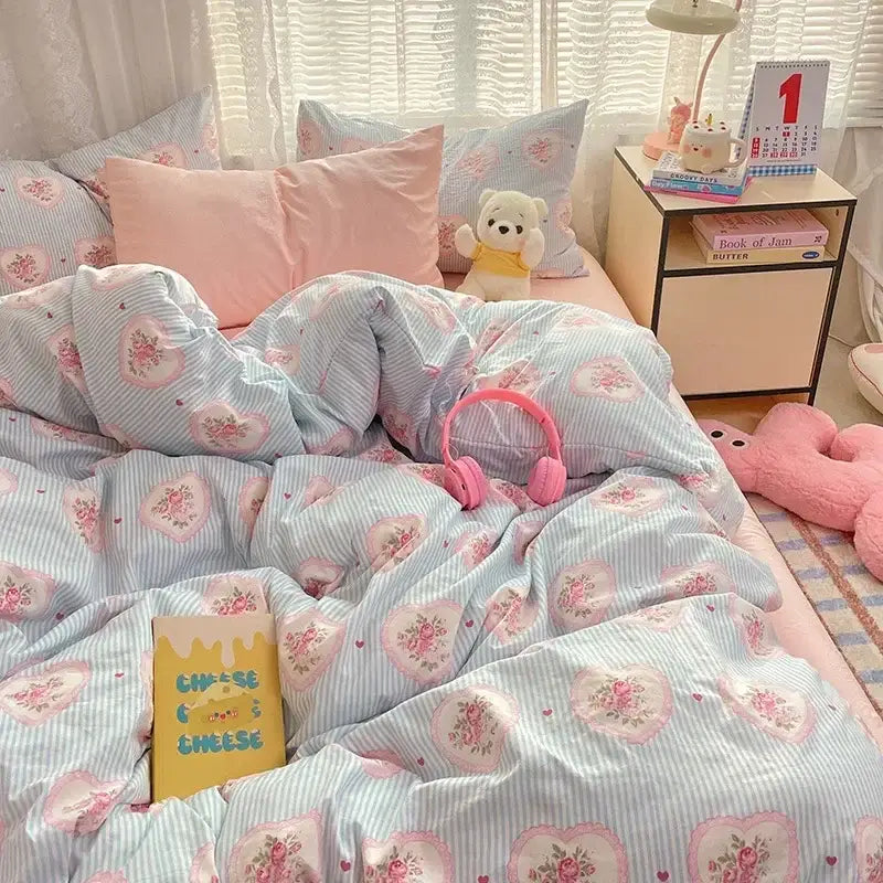 Pink floral lace cotton comforter set bedroom cozy cartoon printed
